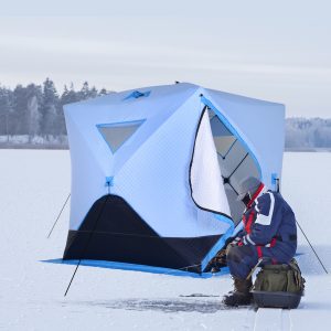 Outsunny 4 Person Ice Fishing Shelter, Pop-up Ice Fishing Tent, Ice Shanty, Portable and Insulated, with 2 Doors and Carrying Bag, Light Blue